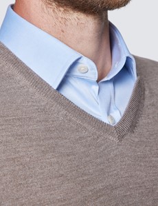 Men's Taupe V-Neck Merino Wool Sweater - Slim Fit