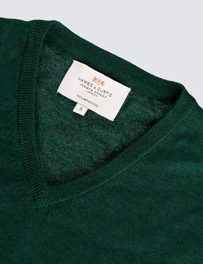 Men's Green V-Neck Merino Wool Jumper - Slim Fit | Hawes & Curtis