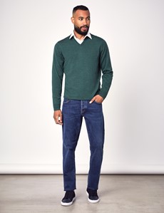 Men's Forest Green V-Neck Merino Wool Jumper - Slim Fit