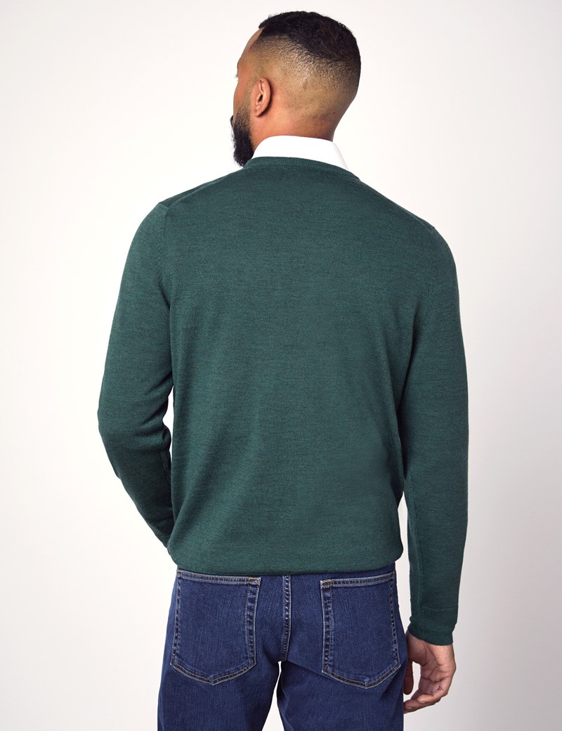 Men's Forest Green V-Neck Merino Wool Jumper - Slim Fit