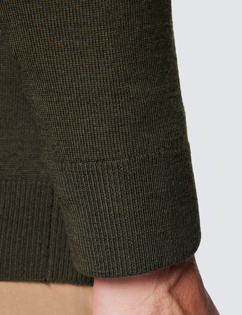 Men's Dark Olive V-Neck Merino Wool Jumper - Slim Fit