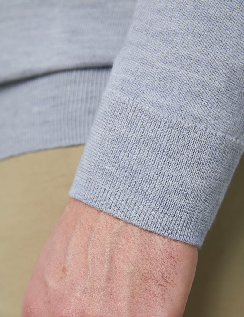 Men's Grey V-Neck Merino Wool Jumper - Slim Fit