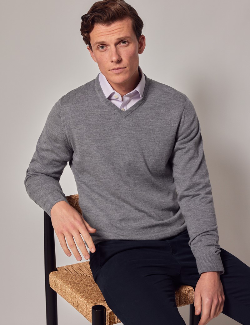 Grey V-Neck Merino Wool Sweater