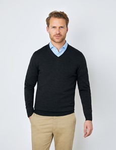 Men's Charcoal V-Neck Merino Wool Jumper - Slim Fit