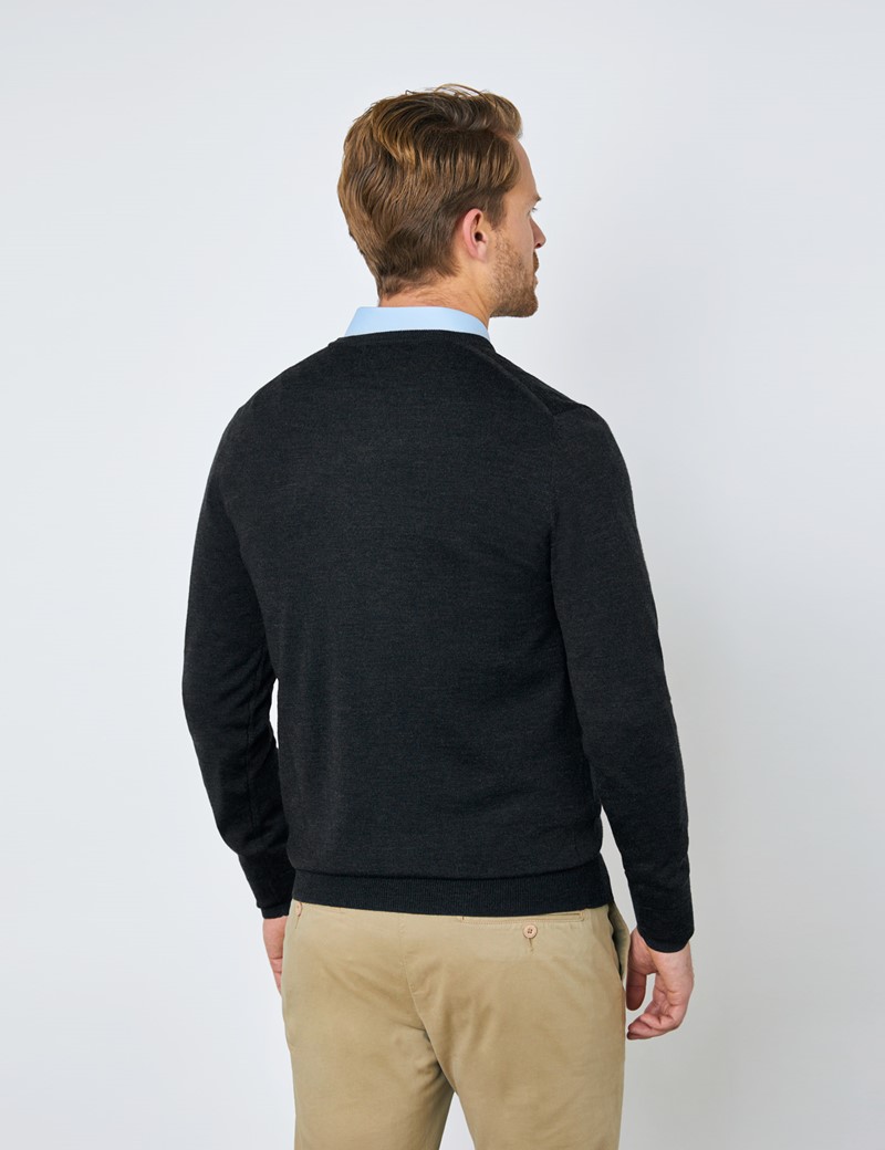 Men's Charcoal V-Neck Merino Wool Sweater - Slim Fit