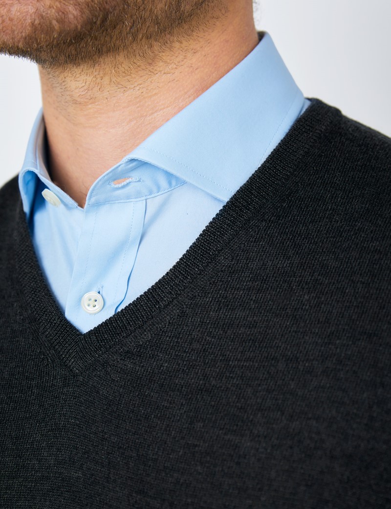 Men's Charcoal V-Neck Merino Wool Sweater - Slim Fit