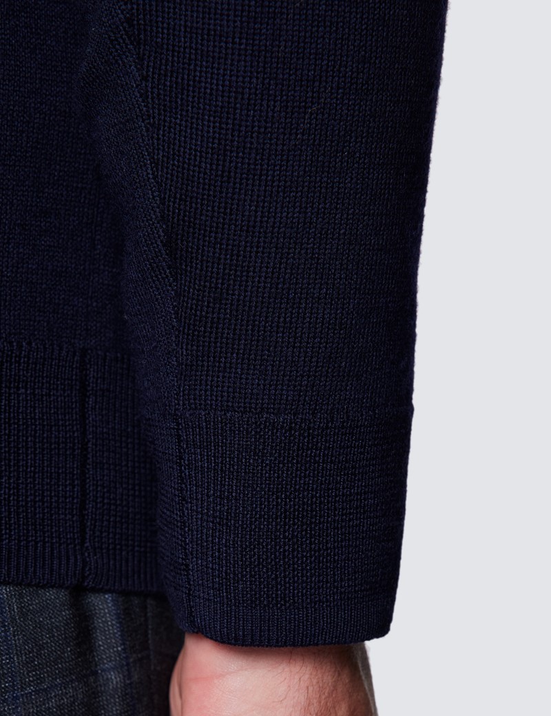 Men's Navy V-Neck Merino Wool Sweater - Slim Fit