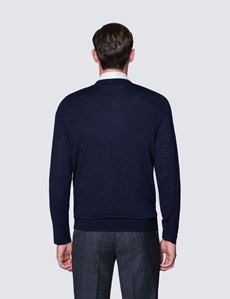 Men's Navy V-Neck Merino Wool Sweater - Slim Fit