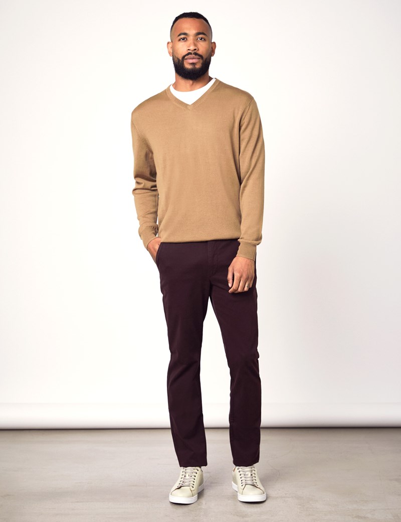 Men's Camel V-Neck Merino Wool Sweater  - Slim Fit