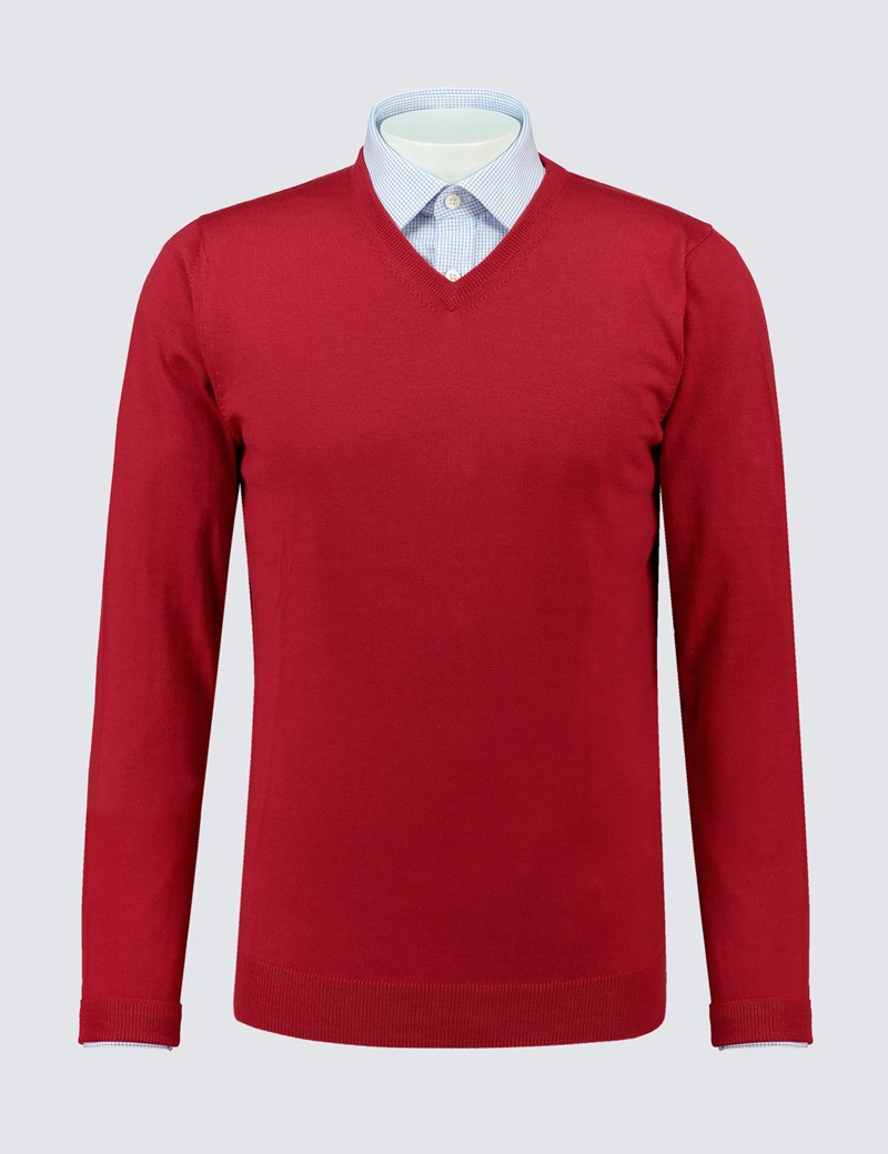 Men's Red V-Neck Merino Wool Sweater - Slim Fit | Hawes & Curtis