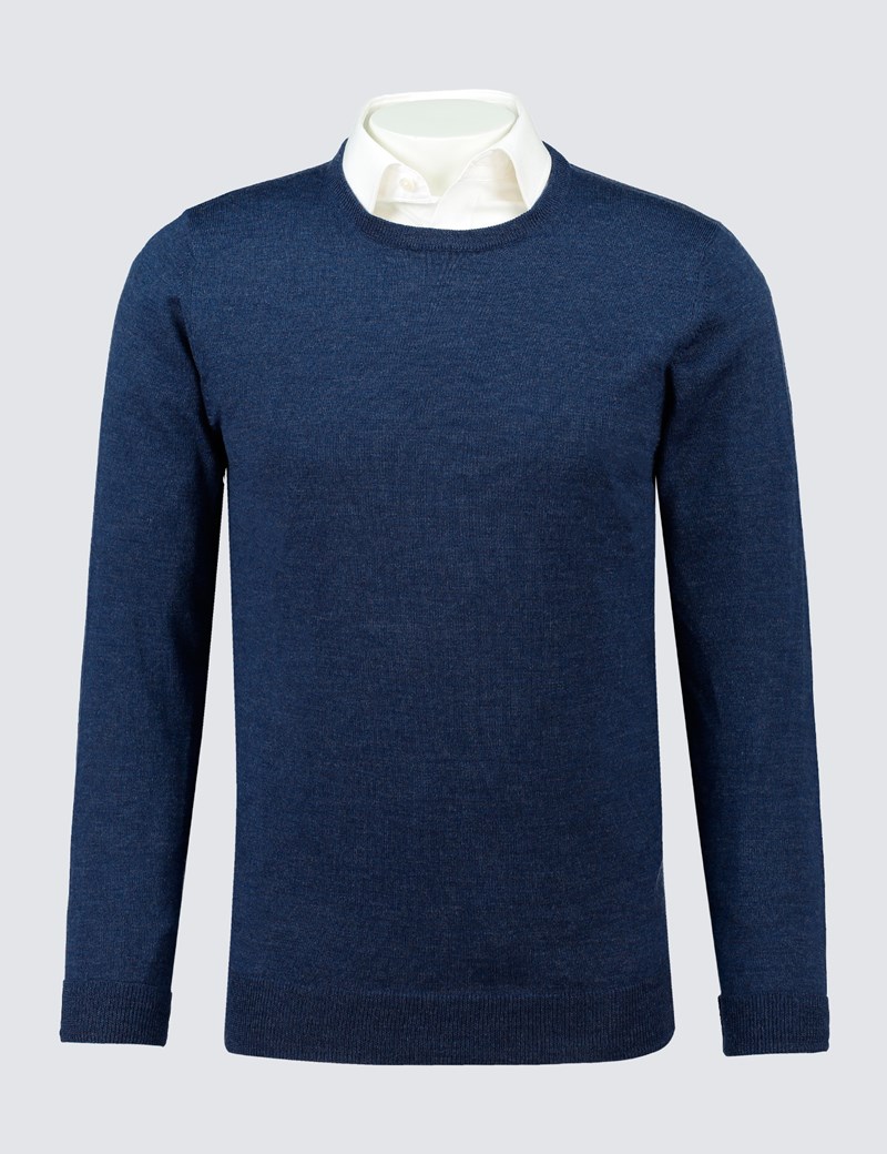 Men's Blue Crew Neck Merino Wool Sweater - Slim Fit | Hawes & Curtis