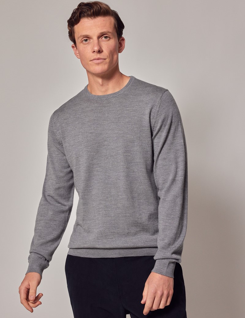 Men’s Grey Crew Neck Merino Wool Jumper