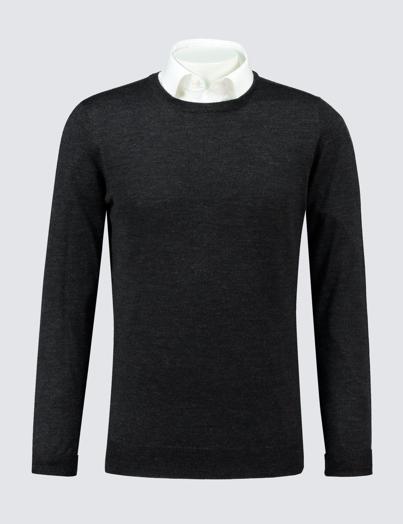 Men's Charcoal Crew Neck Merino Wool Sweater Slim Fit Hawes & Curtis