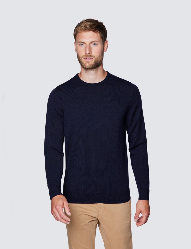 Men's Navy Crew Neck Merino Wool Sweater - Slim Fit