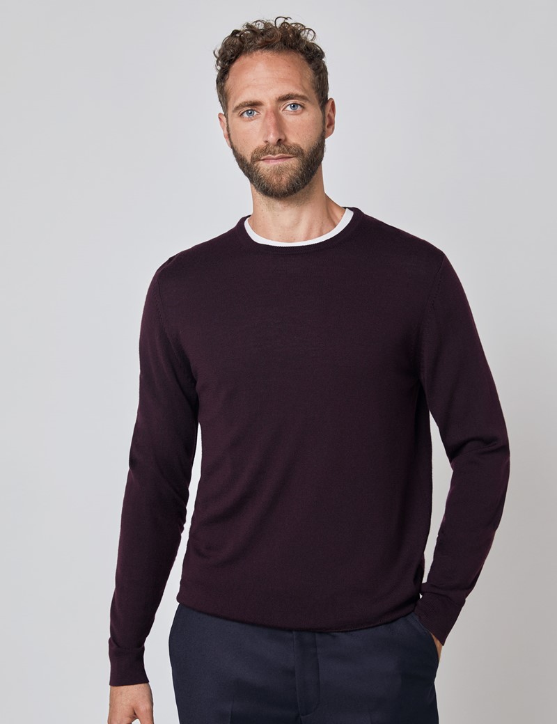 Men's Blackberry Crew Neck Merino Wool Sweater - Slim Fit