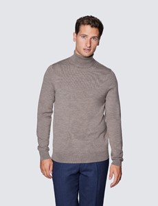 Men's Taupe Roll Neck Merino Wool Slim Fit Sweater