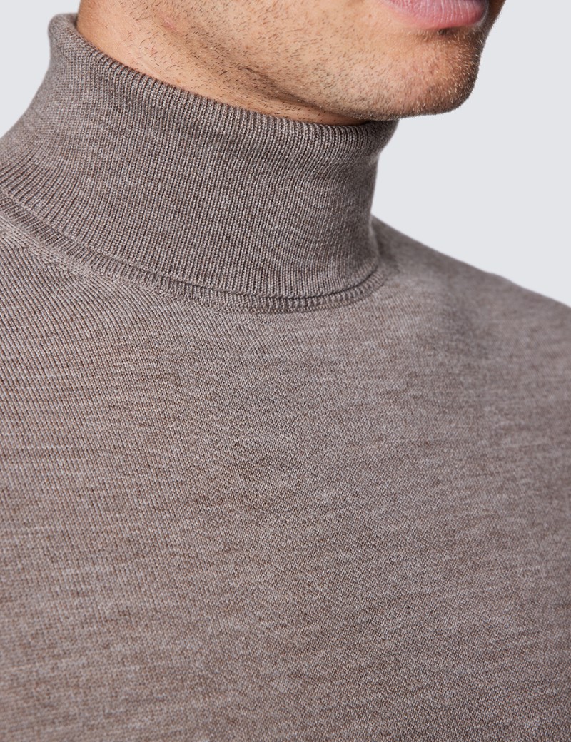 Men's Taupe Roll Neck Merino Wool Slim Fit Sweater