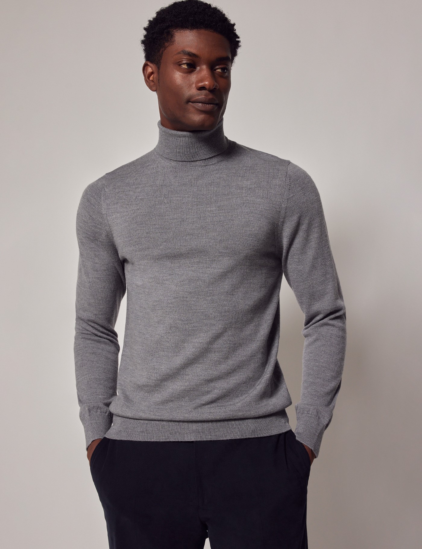 Men's Grey Roll Neck Merino Wool Slim Sweater