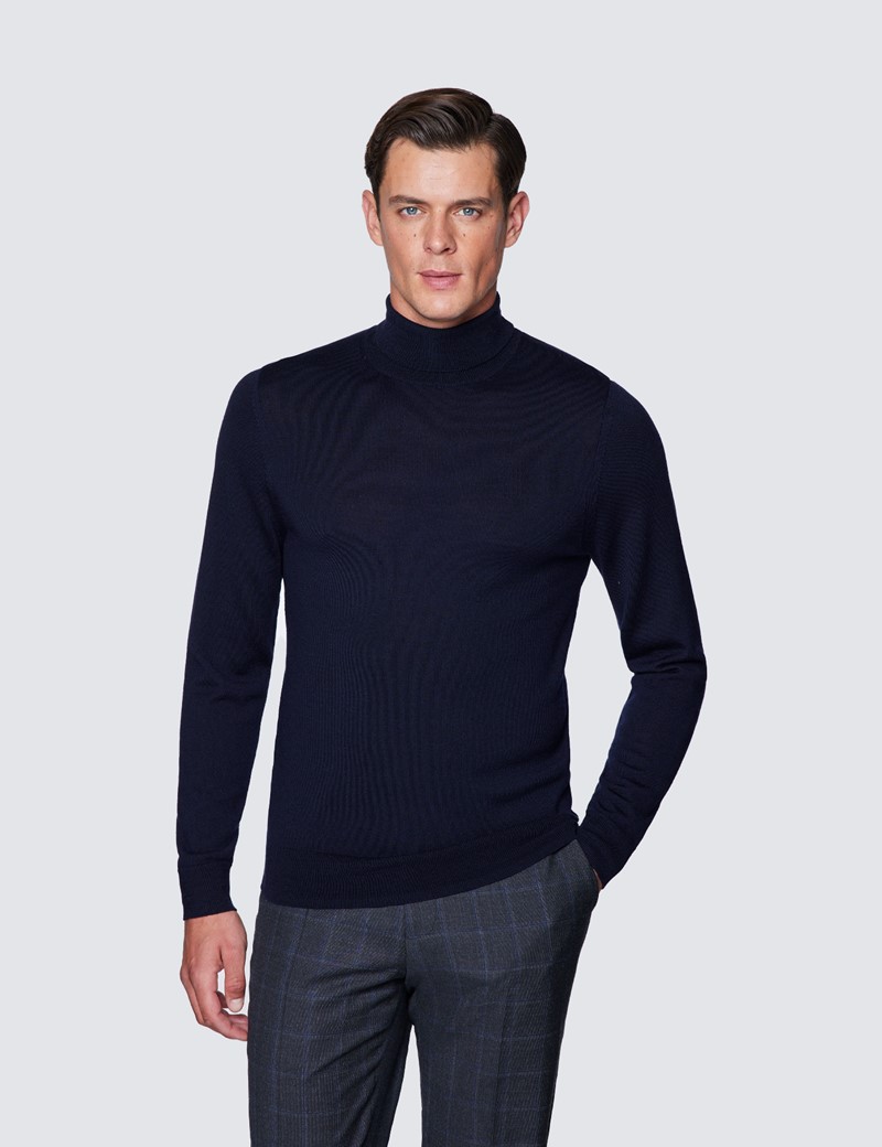 Men's Navy Roll Neck Merino Wool Slim Fit Sweater
