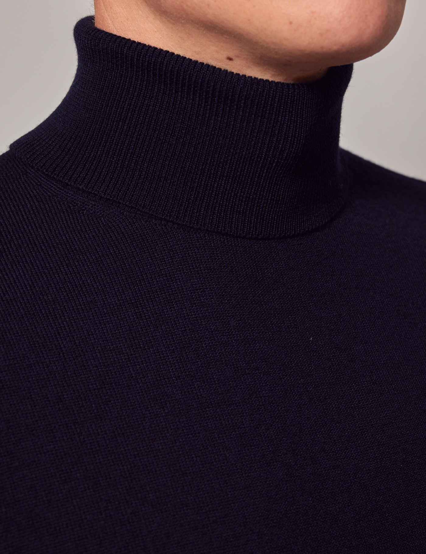 Men's Navy Roll Neck Merino Wool Slim Jumper