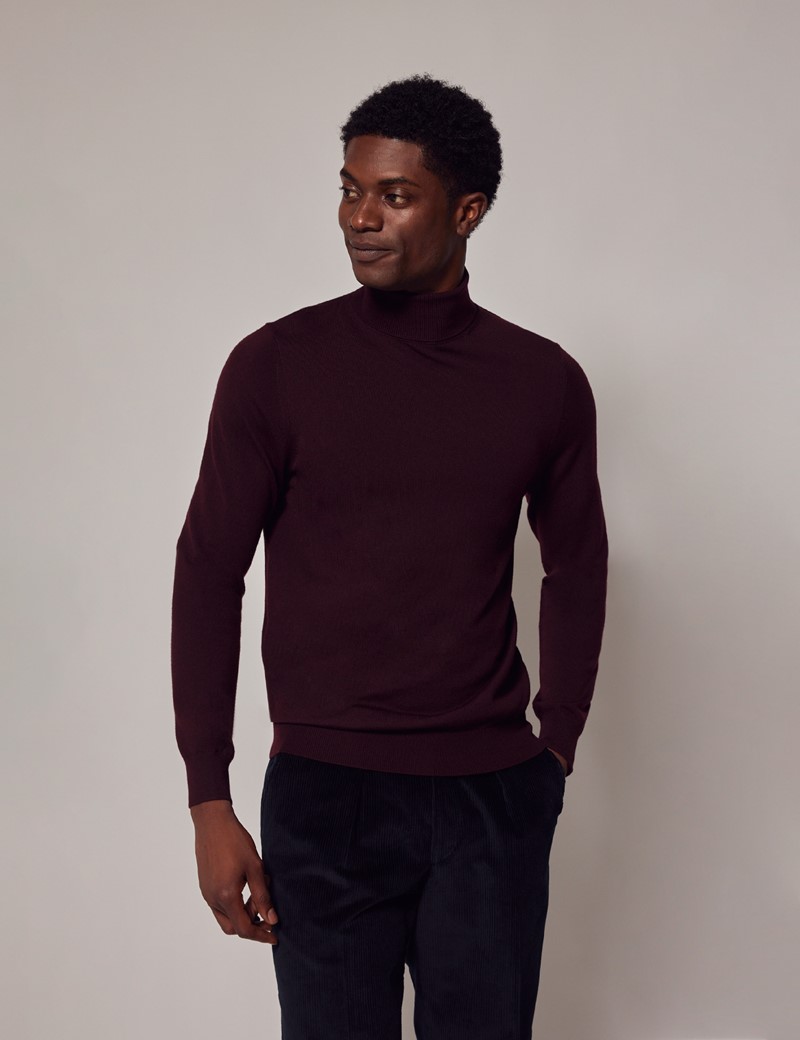 Men's Claret Roll Neck Merino Wool Slim Sweater