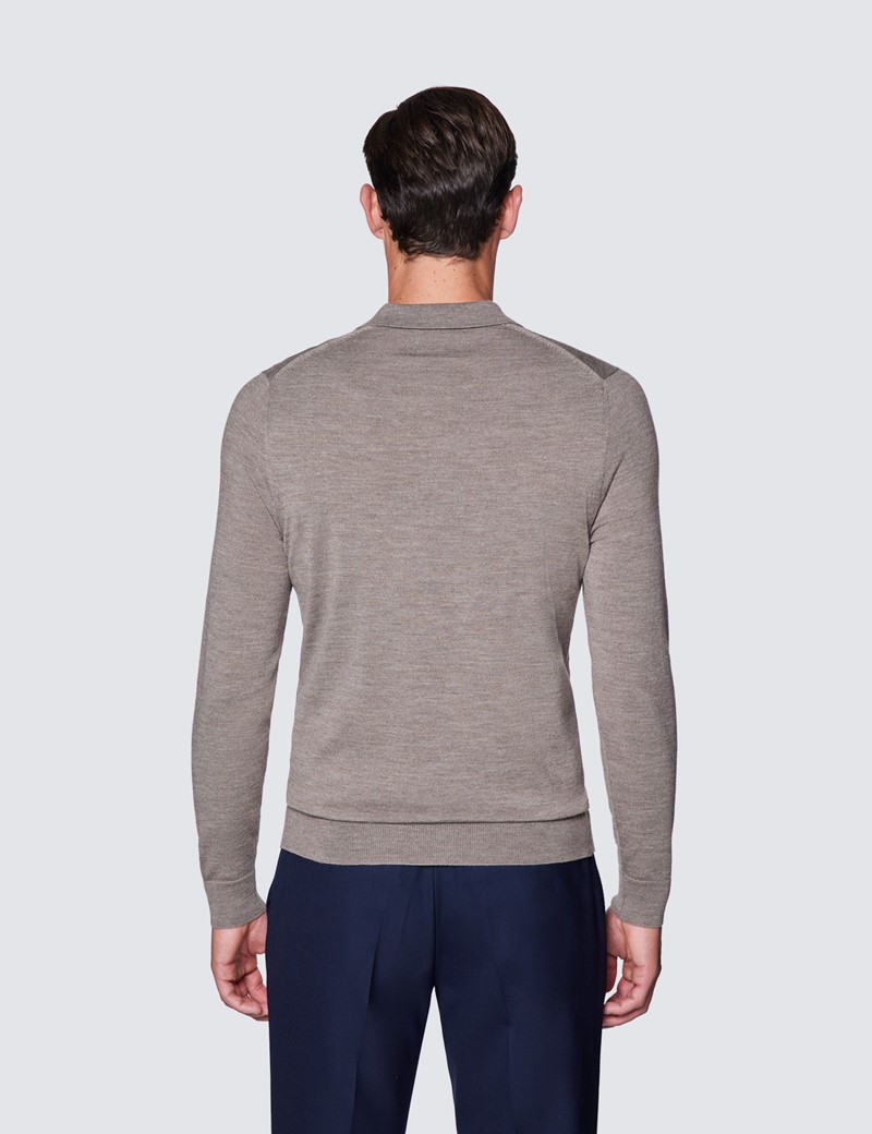 Merino Pullover – Slim Fit – Poloshirt Kragen – Taupe