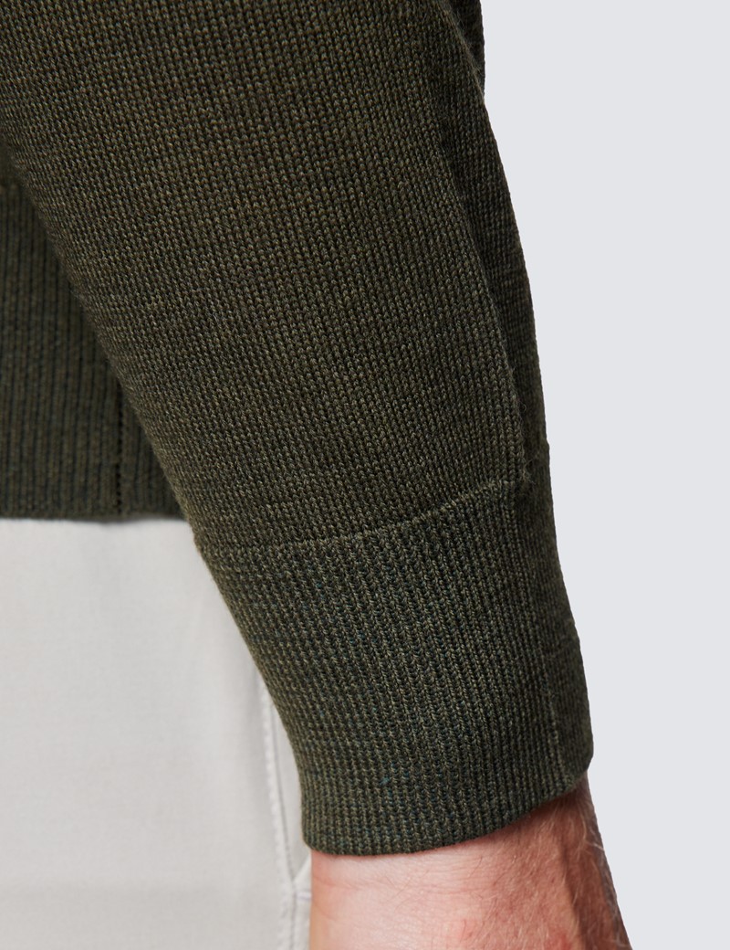 Men's Dark Olive Polo Neck Merino Wool Jumper - Slim Fit