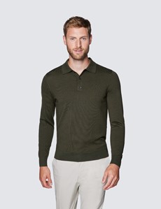 Merino Pullover – Slim Fit – Poloshirt Kragen – Olivgrün