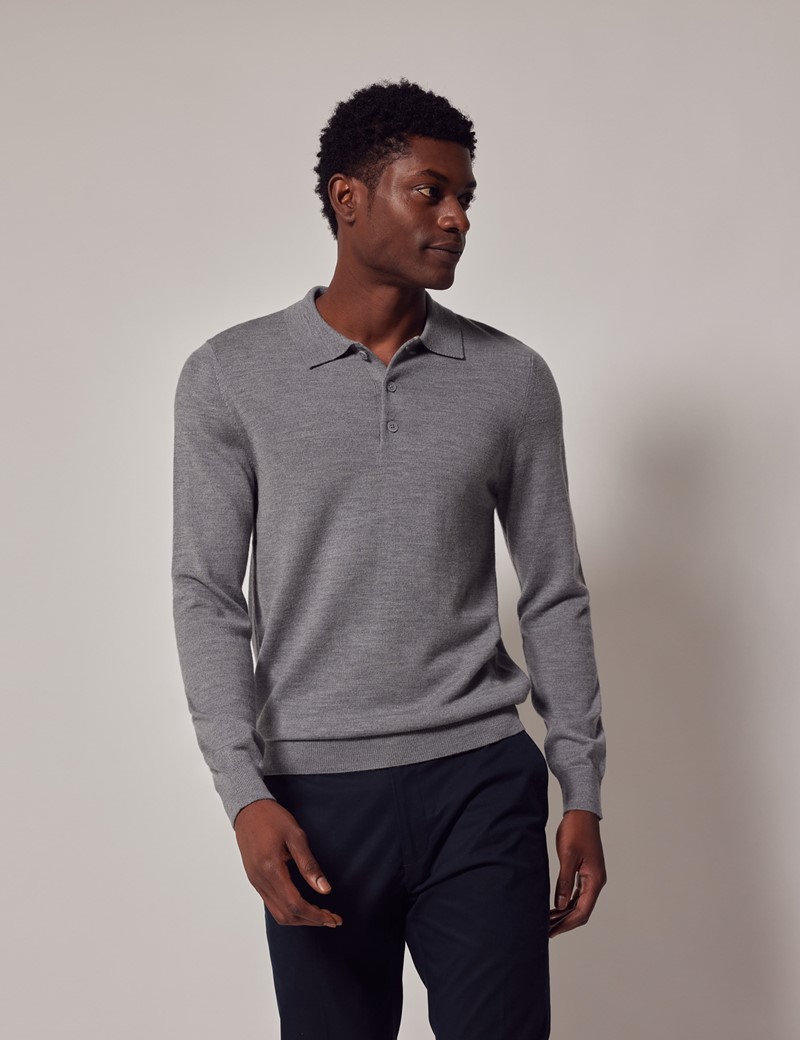 Men’s Grey Polo Neck Merino Wool Sweater