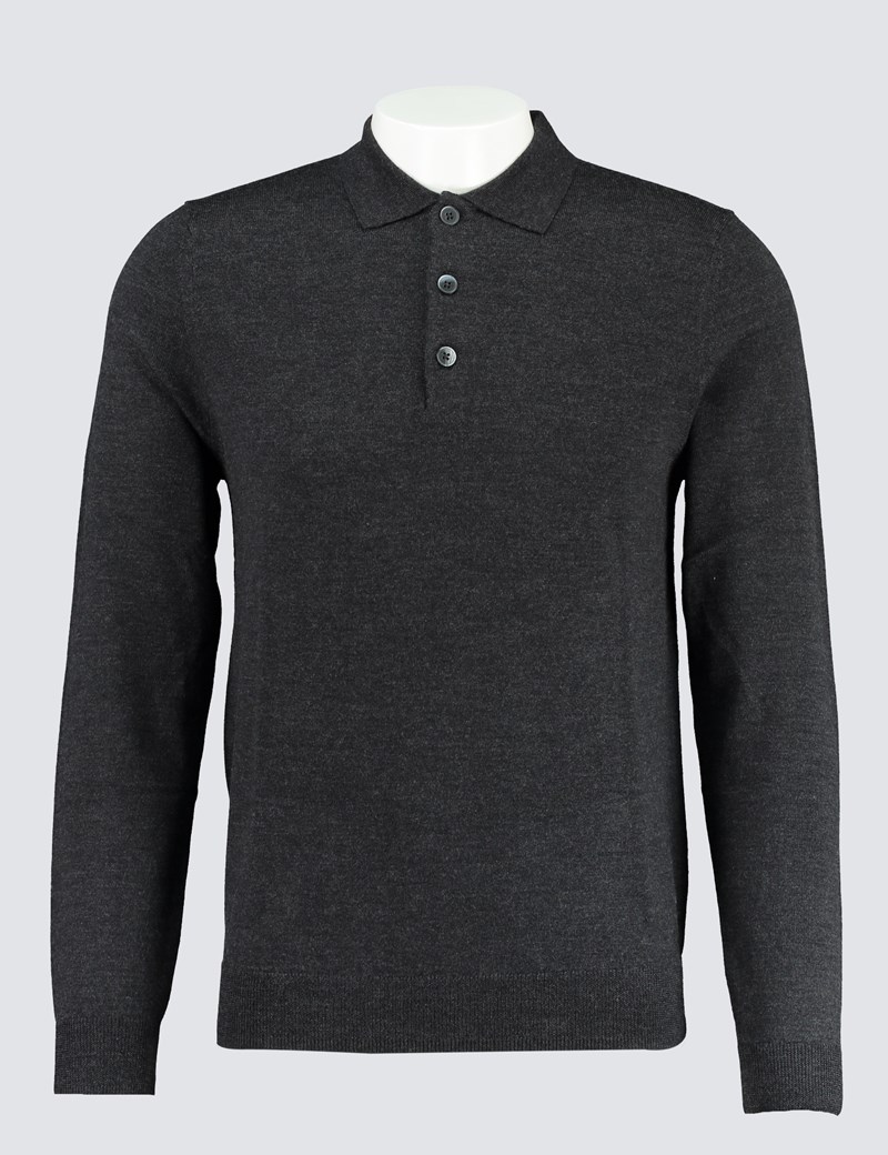 Men's Charcoal Polo Neck Merino Wool Sweater - Slim Fit 