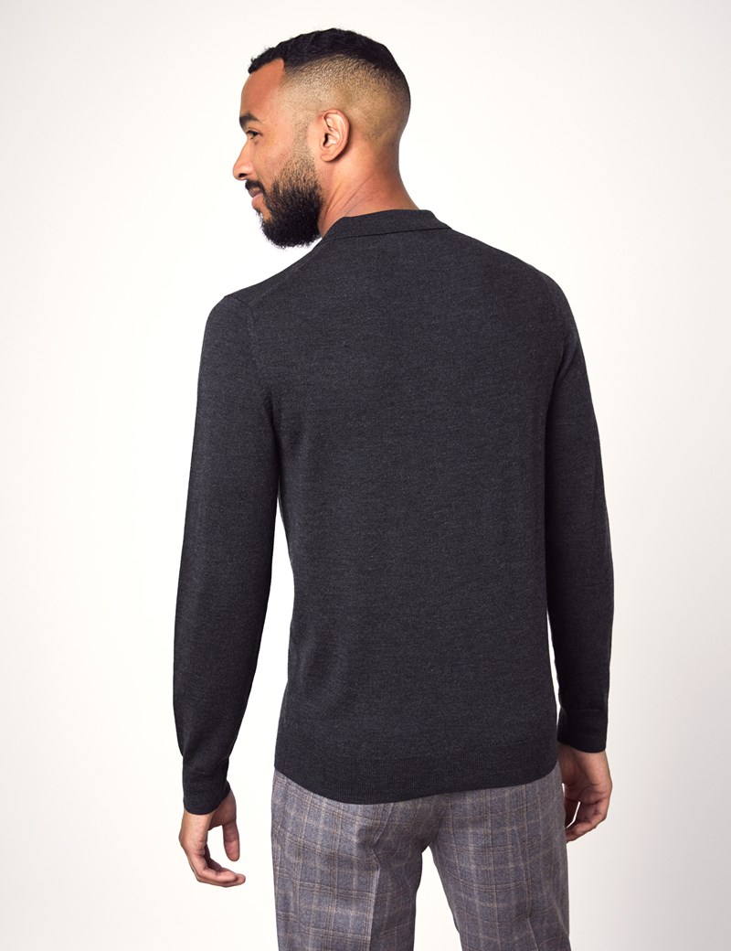 Men's Charcoal Polo Neck Merino Wool Sweater - Slim Fit | Hawes & Curtis