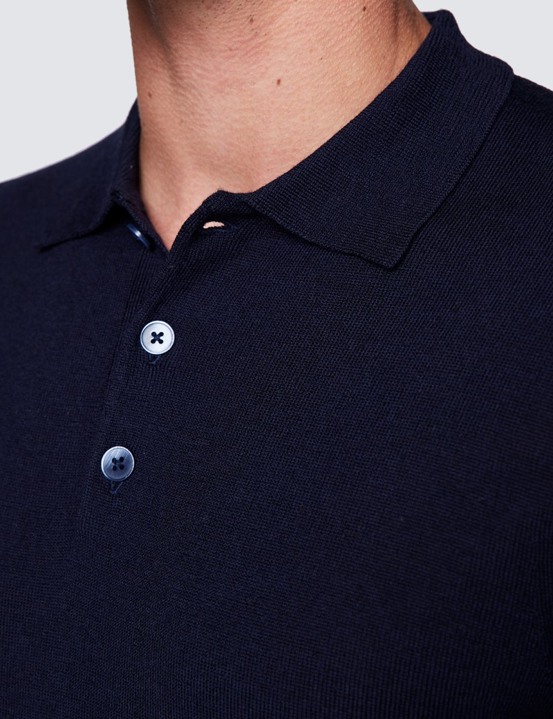 Merino Pullover – Slim Fit – Poloshirt Kragen – Navy