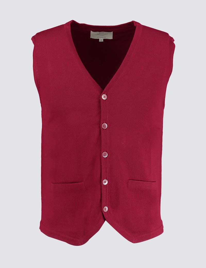 Men's Burgundy Sleeveless Merino Wool Knitwear Hawes & Curtis