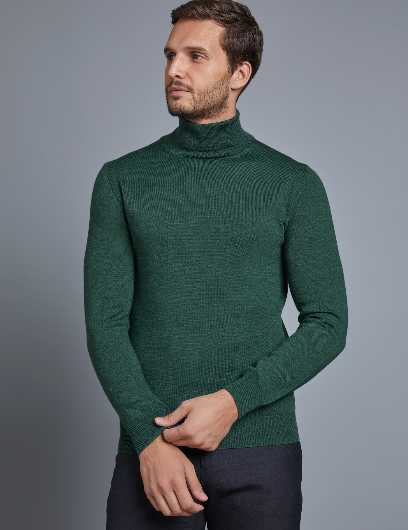 Men s Green Roll Neck Merino Wool Jumper Slim Fit Hawes Curtis