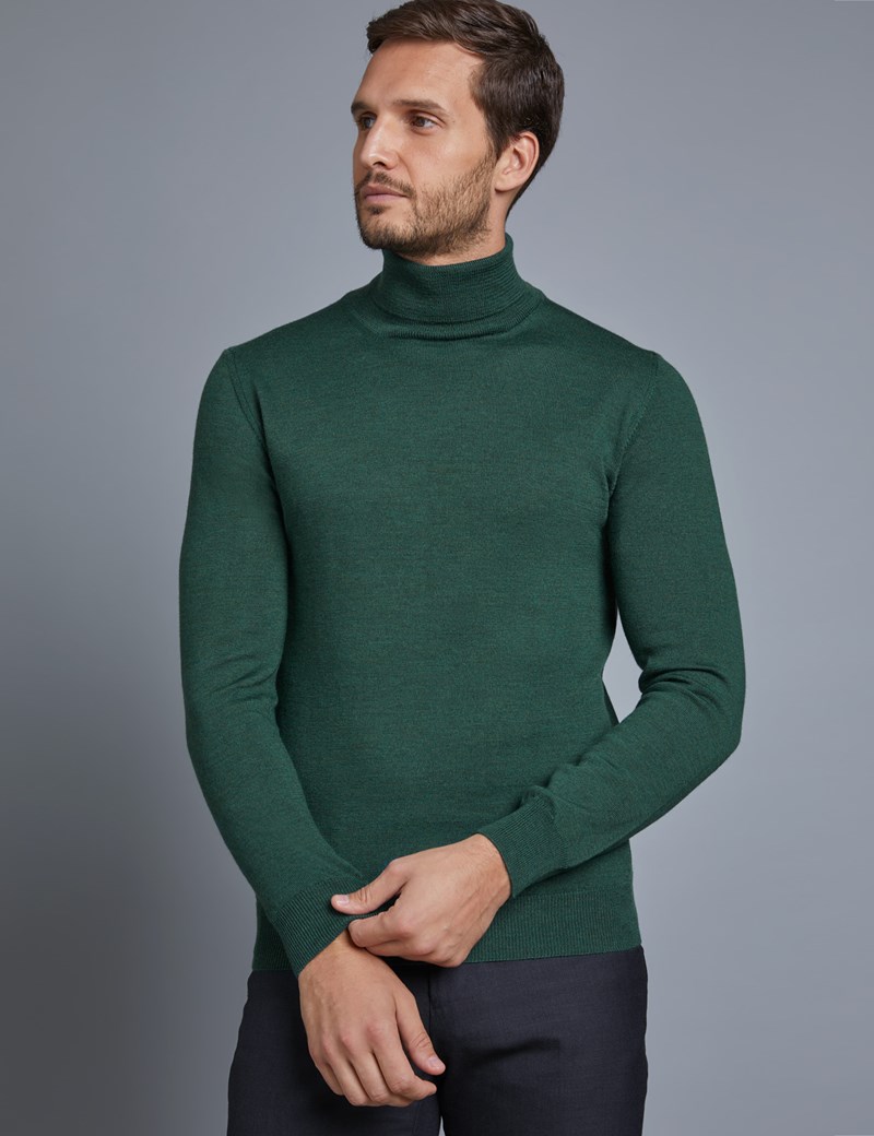 Men's Green Roll Neck Merino Wool Jumper Slim Fit Hawes & Curtis