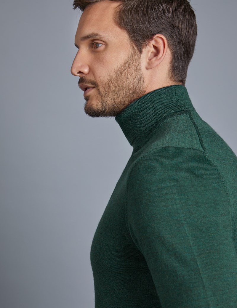 Men's Green Roll Neck Merino Wool Jumper Slim Fit Hawes & Curtis
