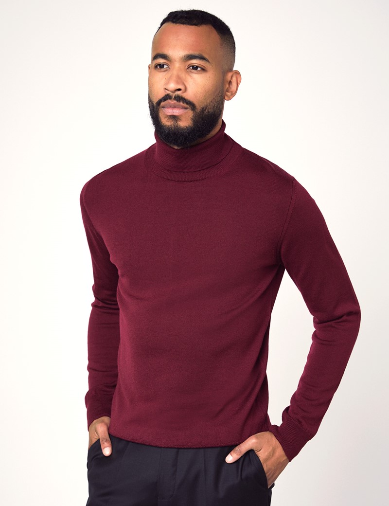 Men's Claret Roll Neck Merino Wool Sweater - Slim Fit | Hawes & Curtis