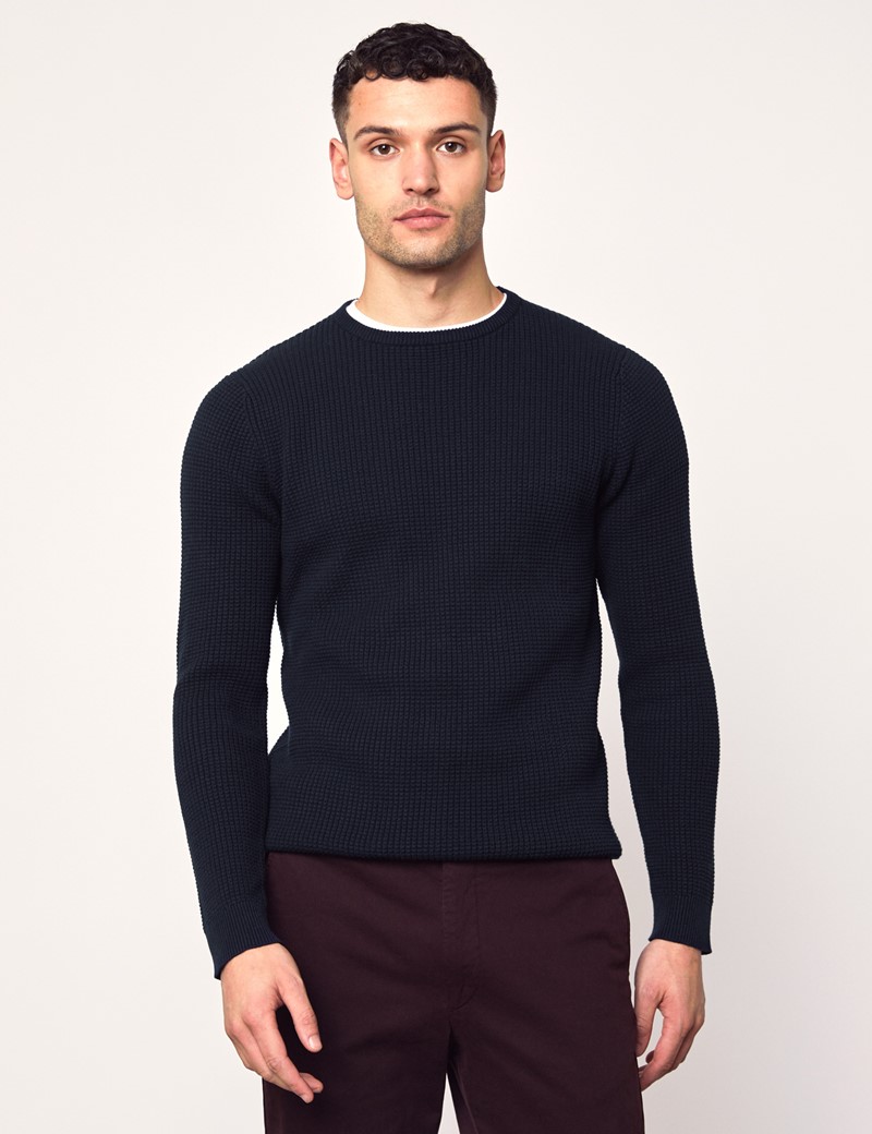Men's Navy Waffle Cotton Knit Jumper | Hawes & Curtis