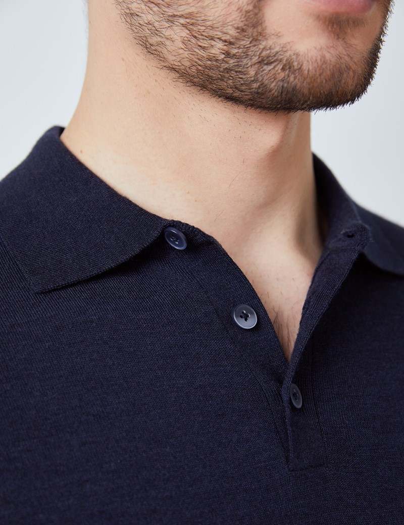 Merino Wool Short Sleeve Polo Neck Jumper In Deep Navy Hawes And Curtis