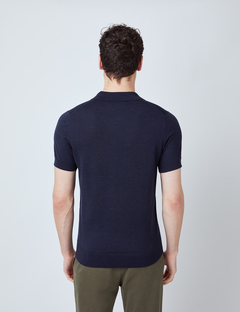Deep Navy Merino Wool Short Sleeve Polo Shirt
