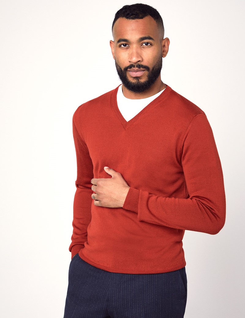 Men's Orange V-Neck Merino Wool Sweater - Slim Fit | Hawes & Curtis
