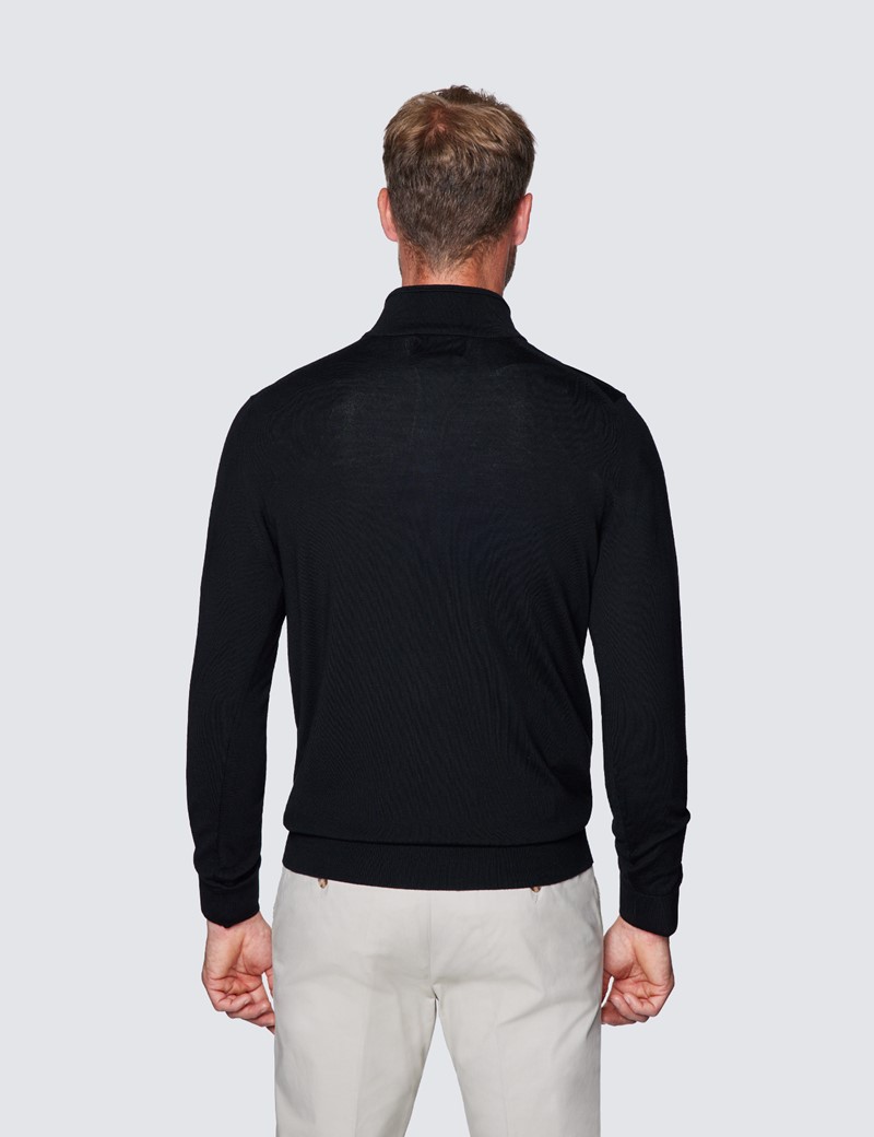 Men’s Black Fine Merino Wool Zip Neck Jumper