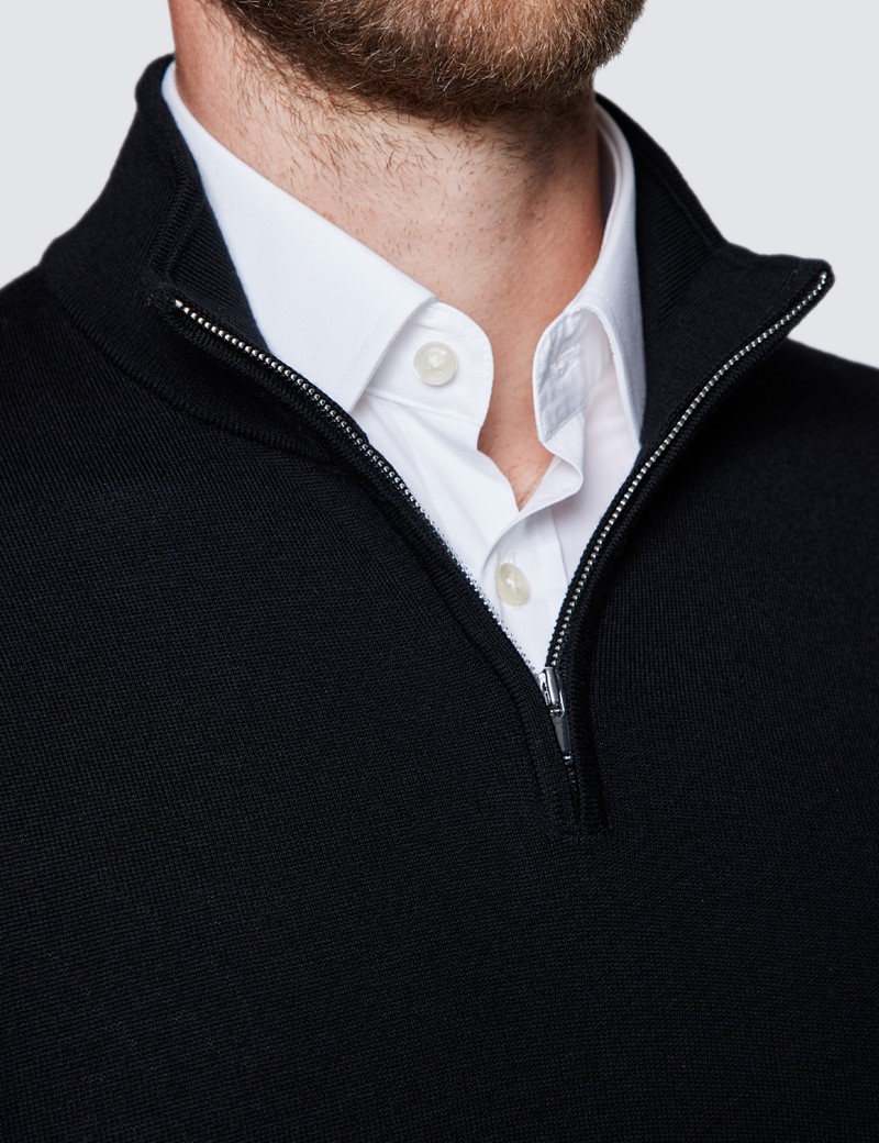 Men’s Black Fine Merino Wool Zip Neck Jumper