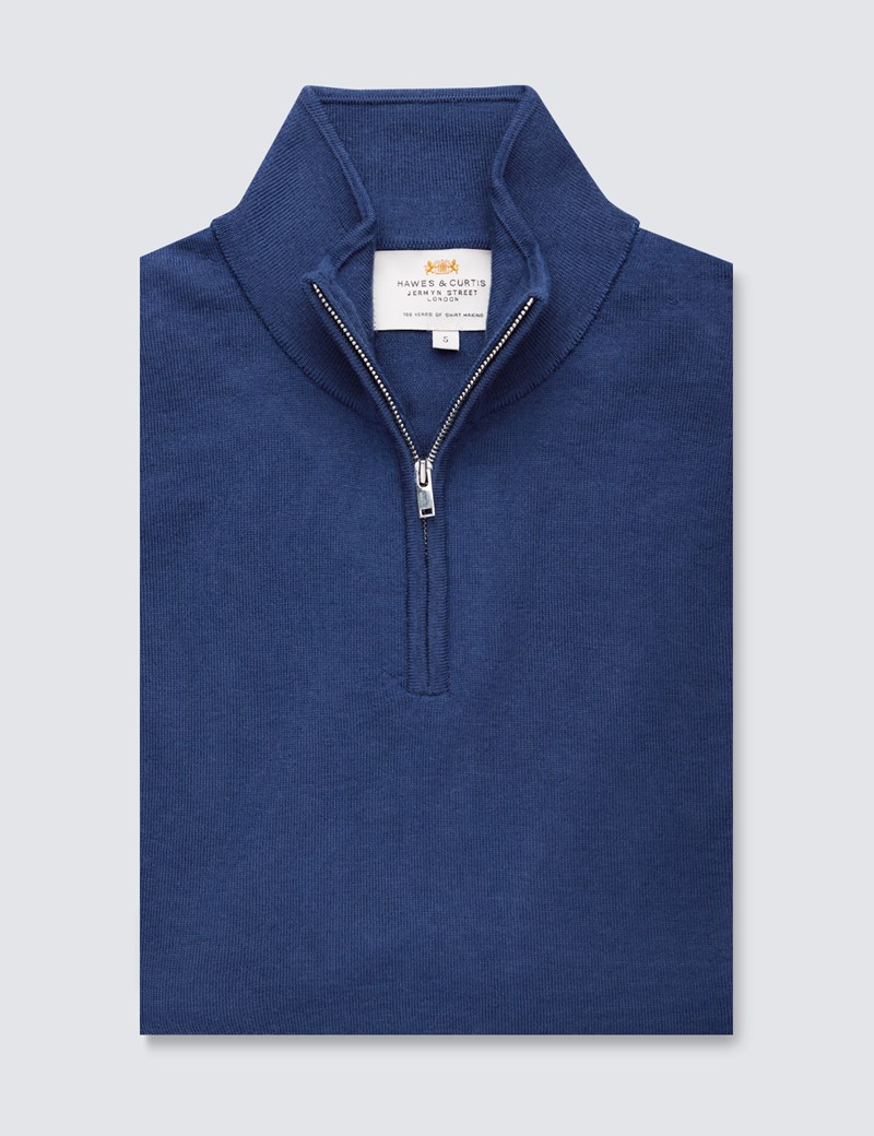Men’s Airforce Blue Fine Merino Wool Zip Neck Jumper