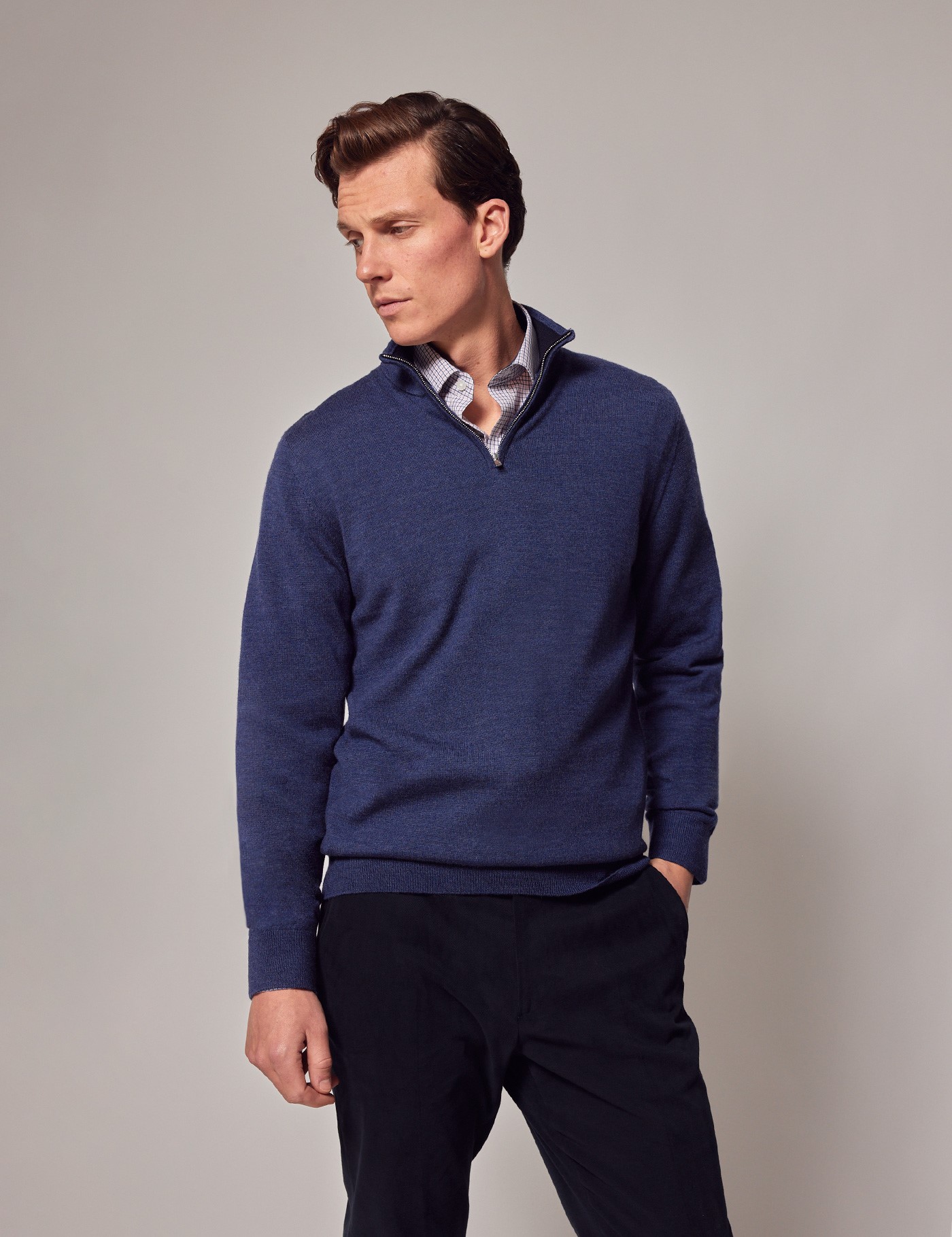 Men’s Dark Blue Fine Merino Wool Zip Neck Jumper