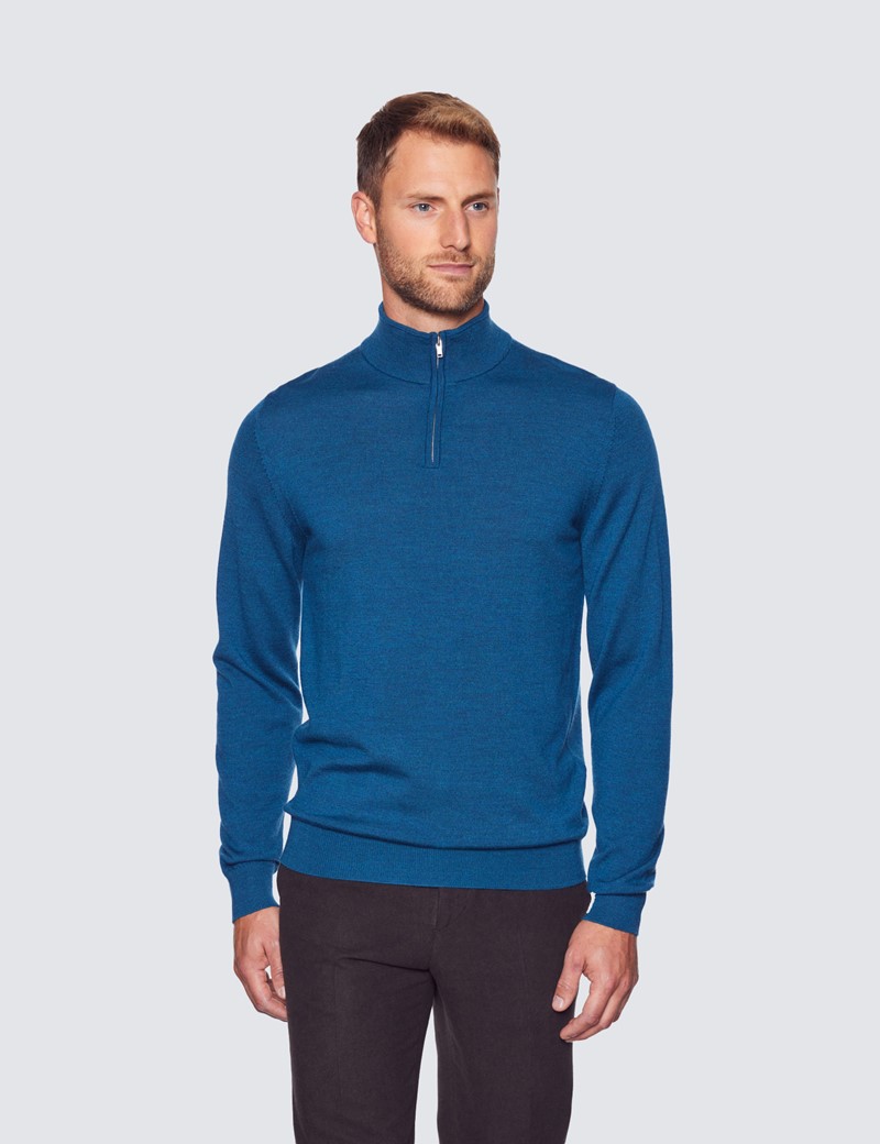 Hawes \u0026 Curtis Men’s Teal Fine Merino Wool Zip Neck Jumper