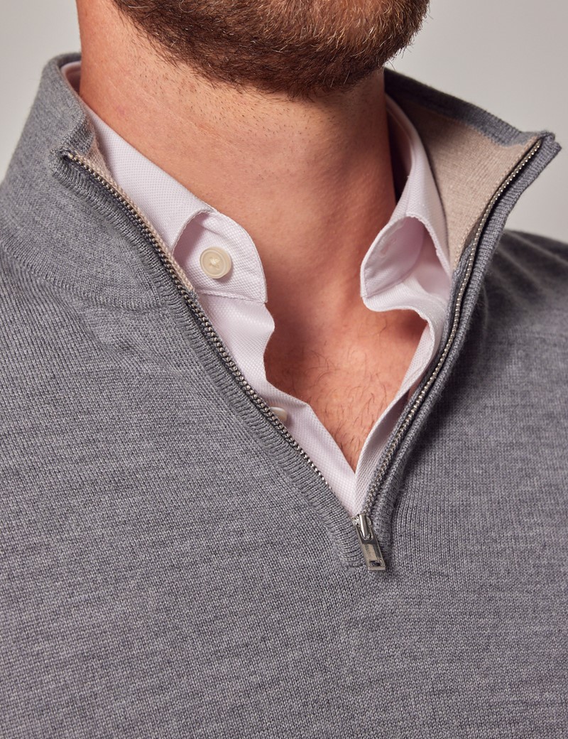 Grey Fine Merino Wool Zip Neck Jumper