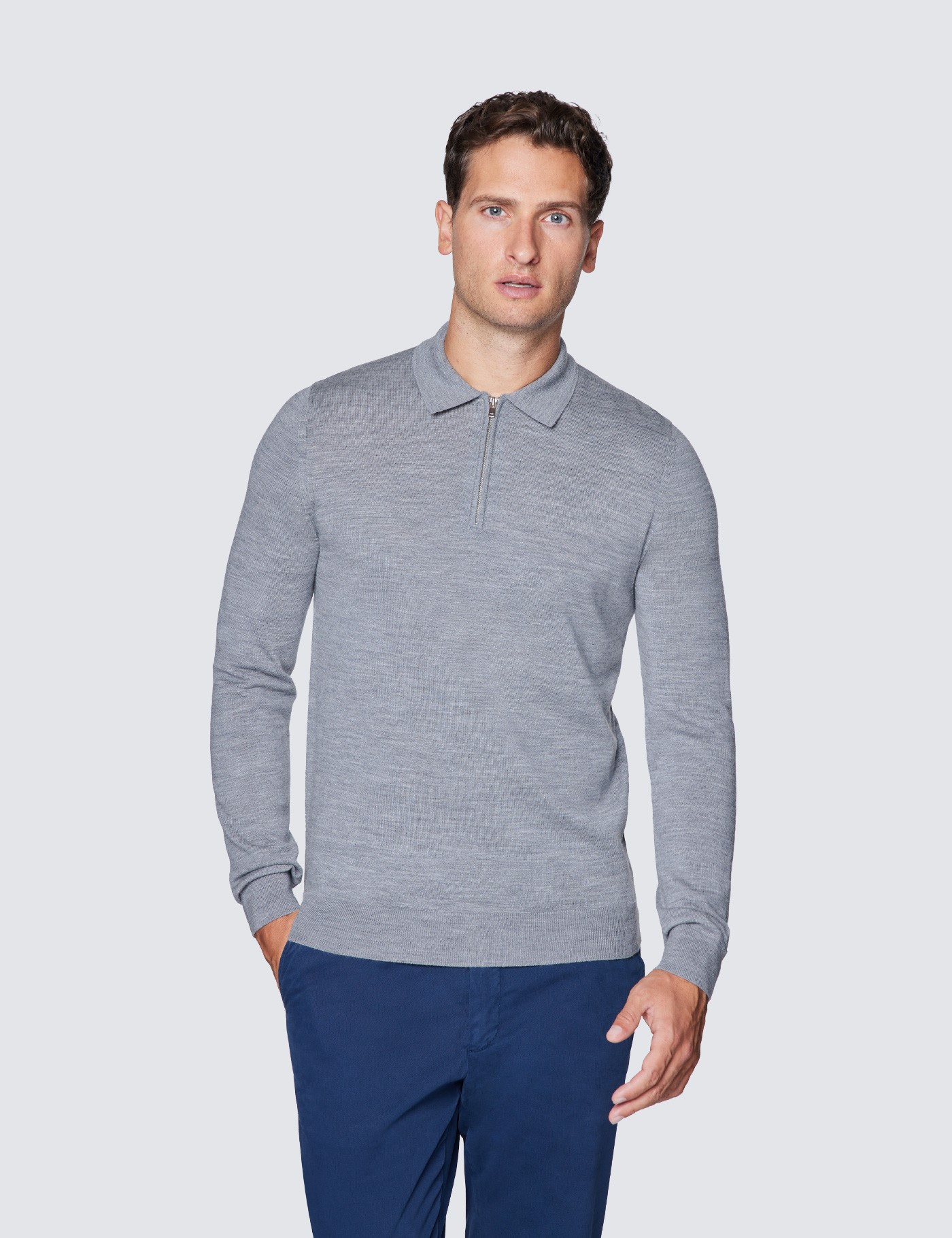 Zip Neck Men’s Fine Merino Wool Zip Neck Sweater in Grey| Hawes & Curtis