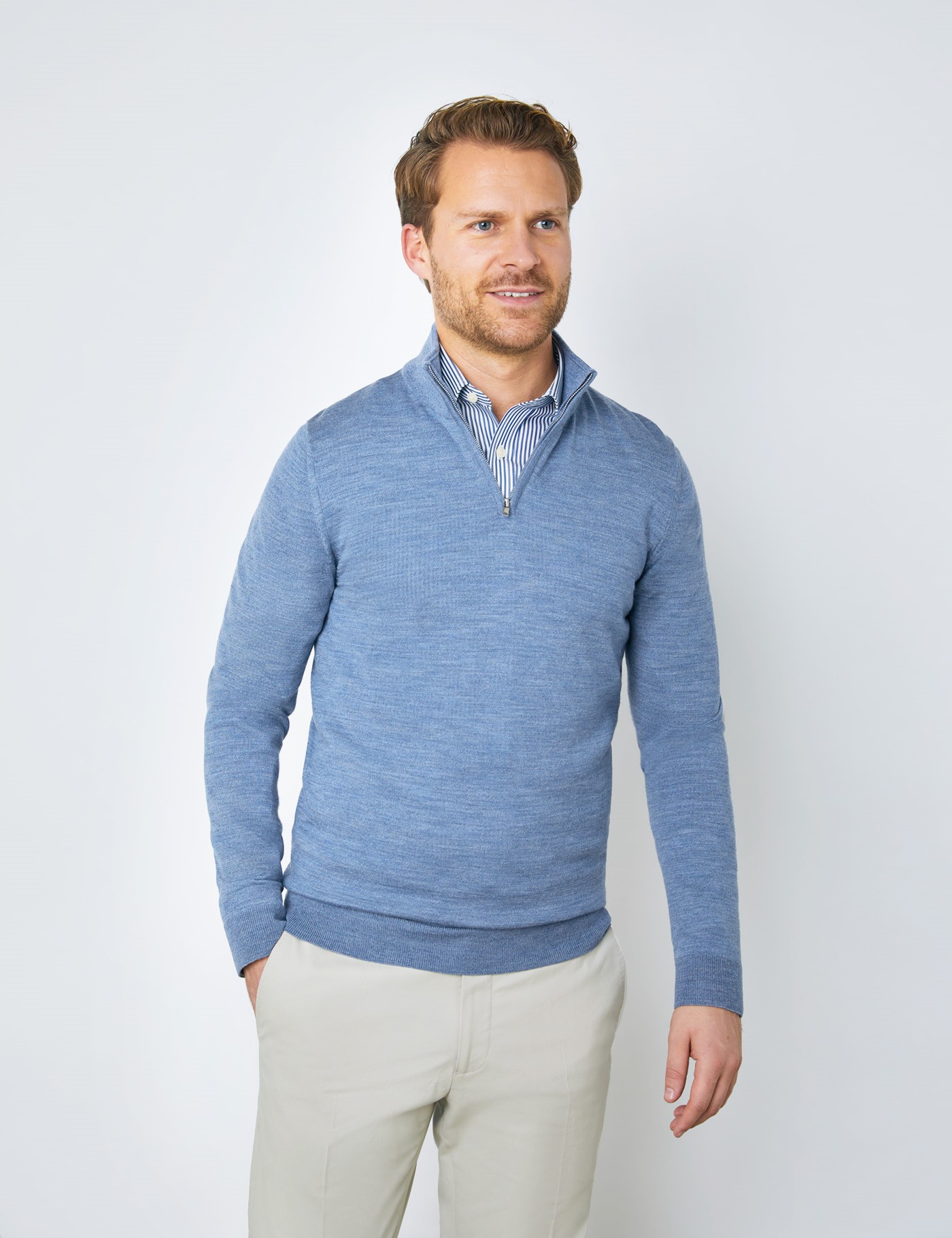 Zip Neck Men’s Fine Merino Wool Zip Neck Sweater in Blue| Hawes & Curtis