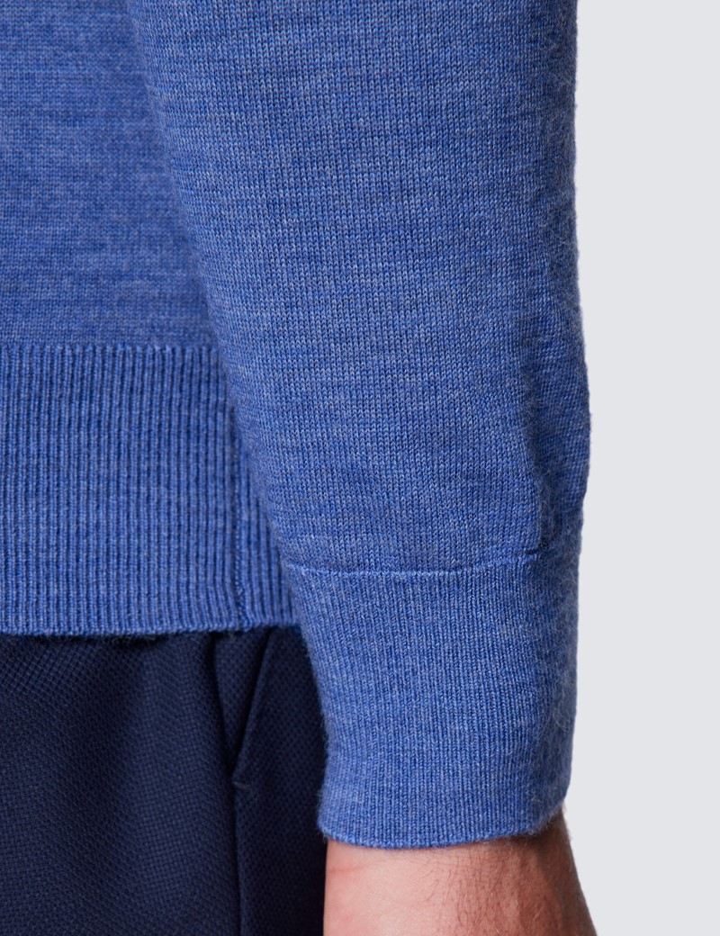 Merino Pullover – Slim Fit – Polo-Zip Kragen – blau